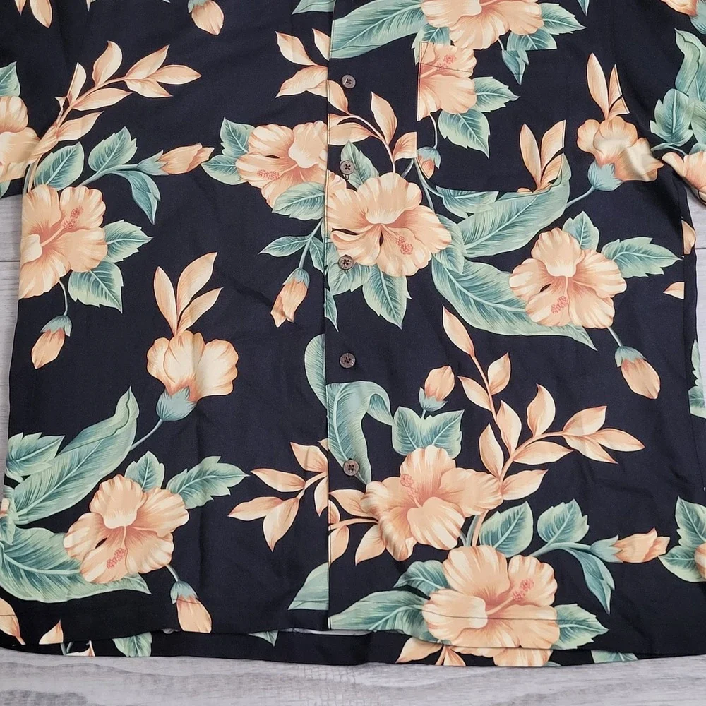 🌴 Tommy Bahama Hawaiian Shirt Mens XL Black Floral Camp 100% Silk Aloha Resort